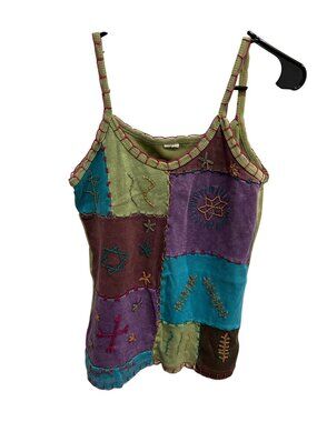 Patchwork Embroidered Scoop Neck Tank Top Multicolor Hippie Y2K Art To Wear
